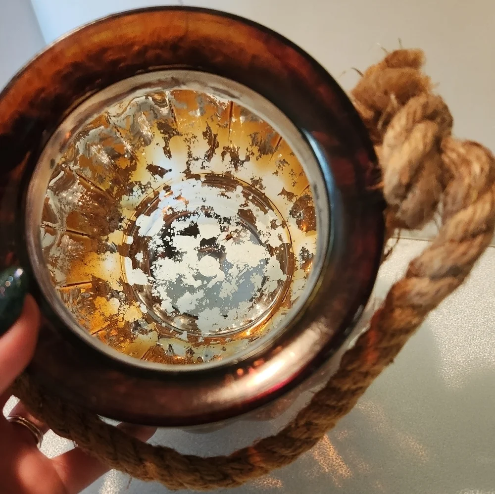 Glass iridescent orange‎ pumpkin shaped fall vase with rustic rope detail handle
